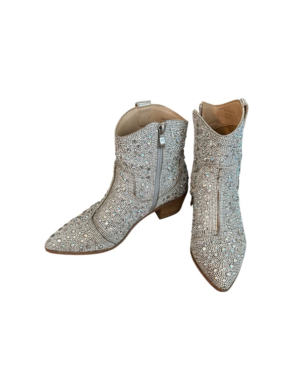 Crystal-Embellished White Western Ankle Boots